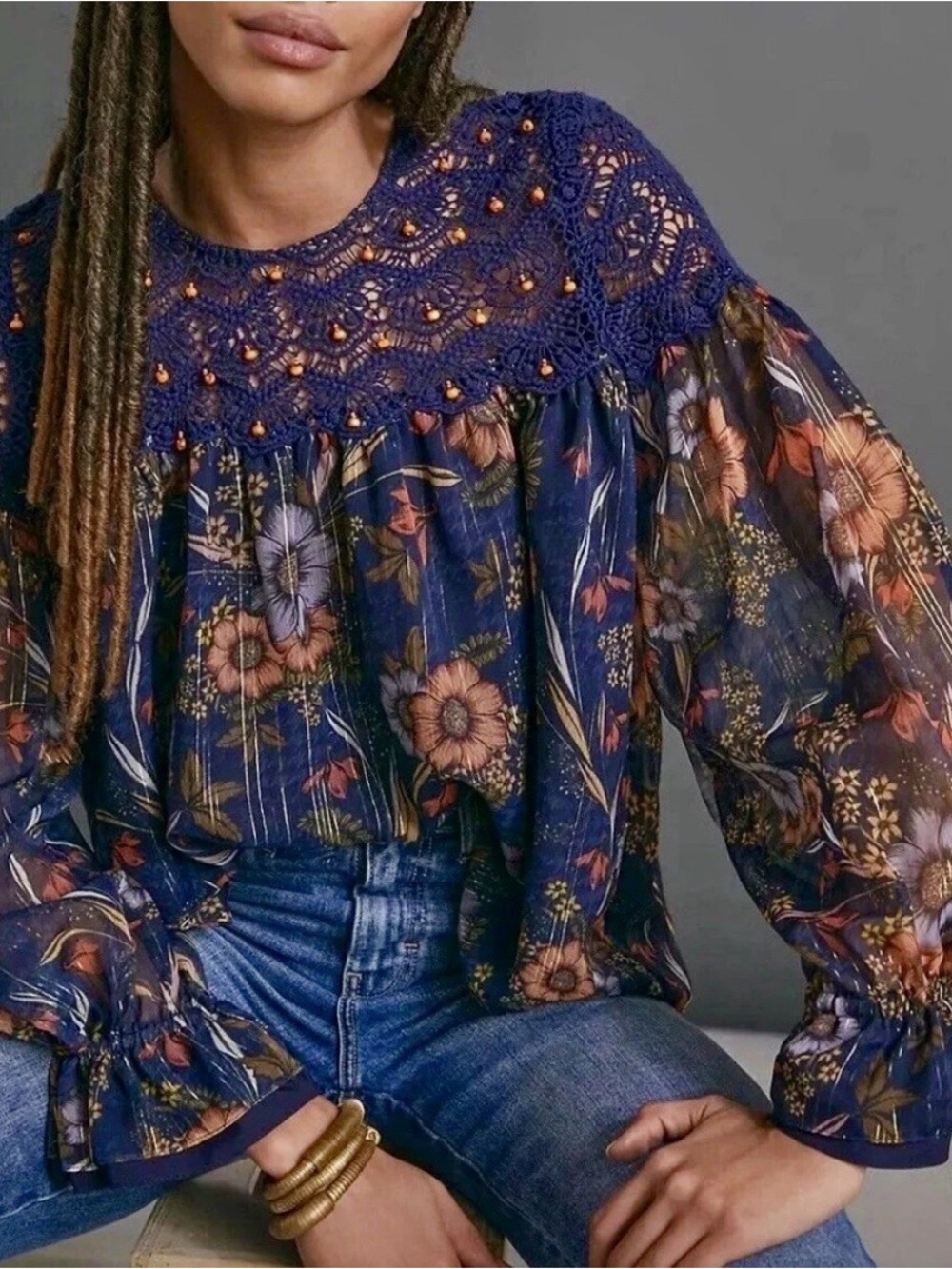 Anthropologie Navy Floral Crochet Yoke Blouse